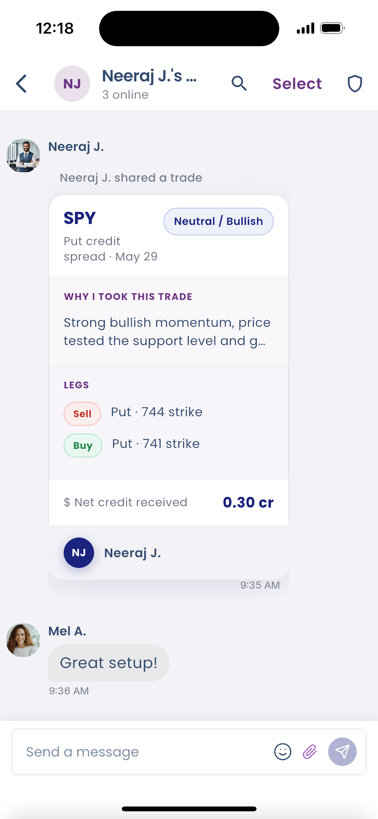 A mentor shares a SPY trade with their reasoning in the BullMentor community chat