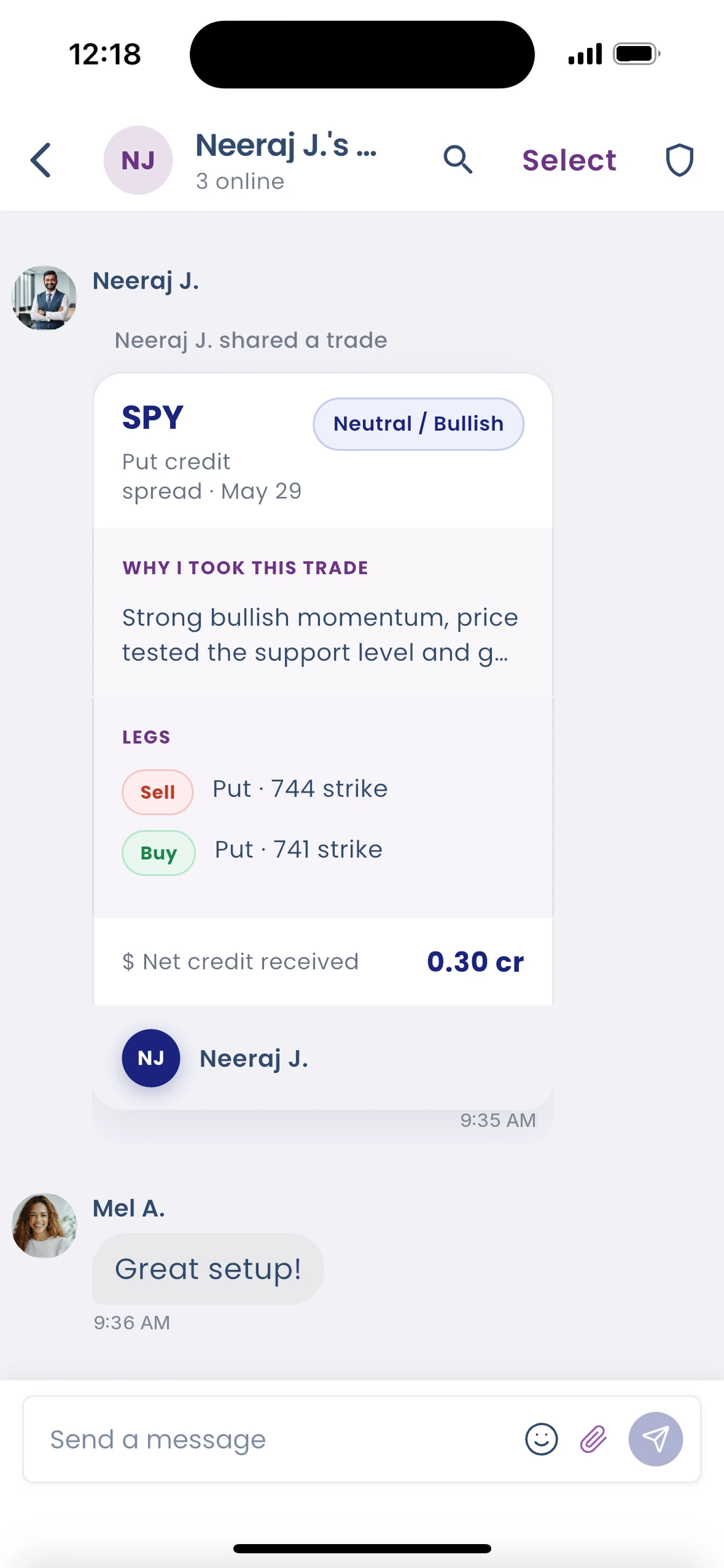 A mentor shares a SPY trade with their reasoning in the BullMentor community chat
