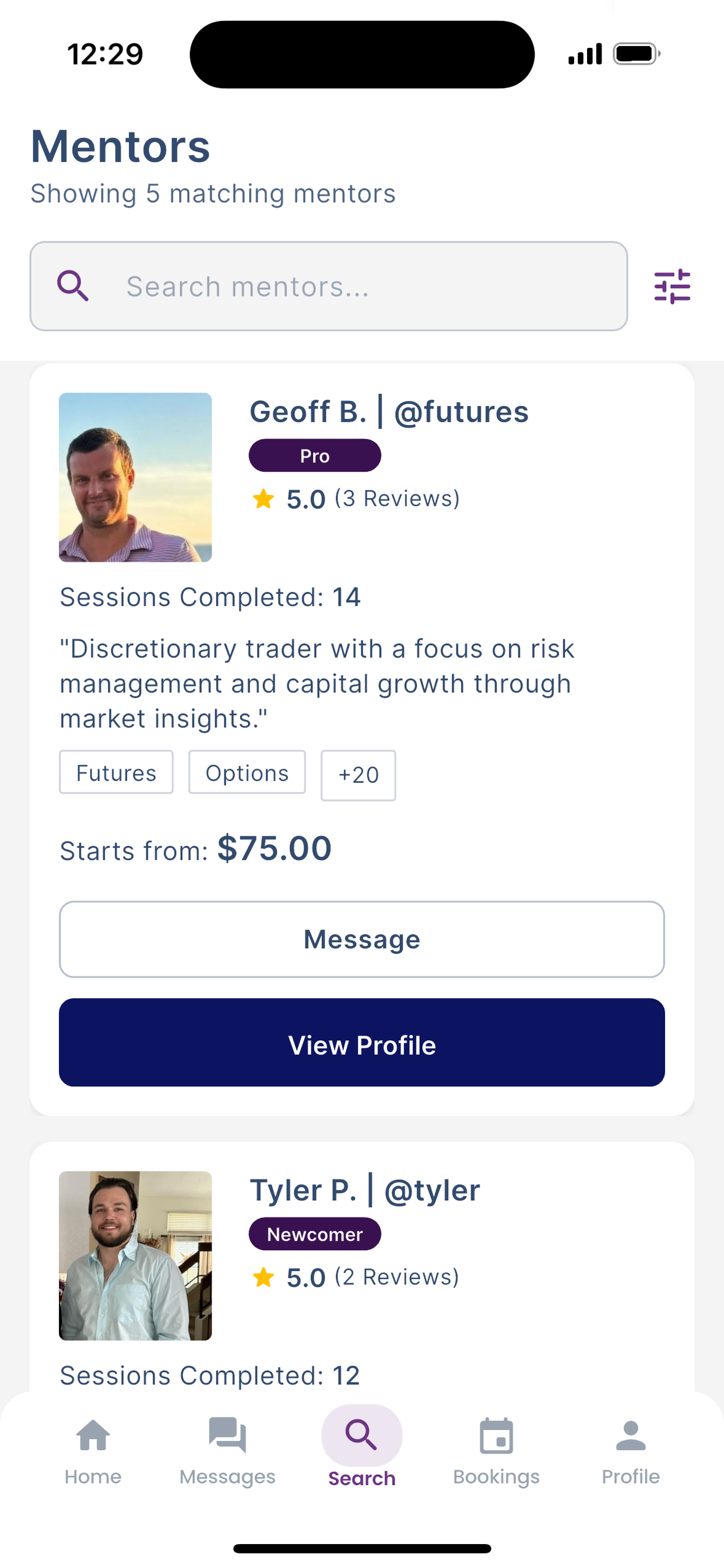 Browsing verified mentors in the BullMentor app